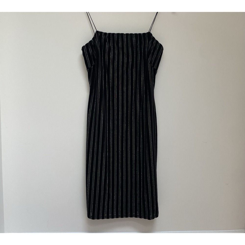 Olive Tree Y2K Black Velvet Striped Size L Mini Dress Metallic Silver Accents - Picture 9 of 9